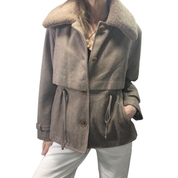 dh New York Addie Jacket Toggle Women's S Wool Blend Cropped Faux Sherpa Collar - Picture 3 of 13